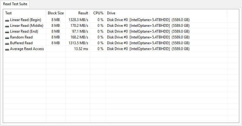 Intel Optane 32GB Bench Optane and HDD aida 1 suite