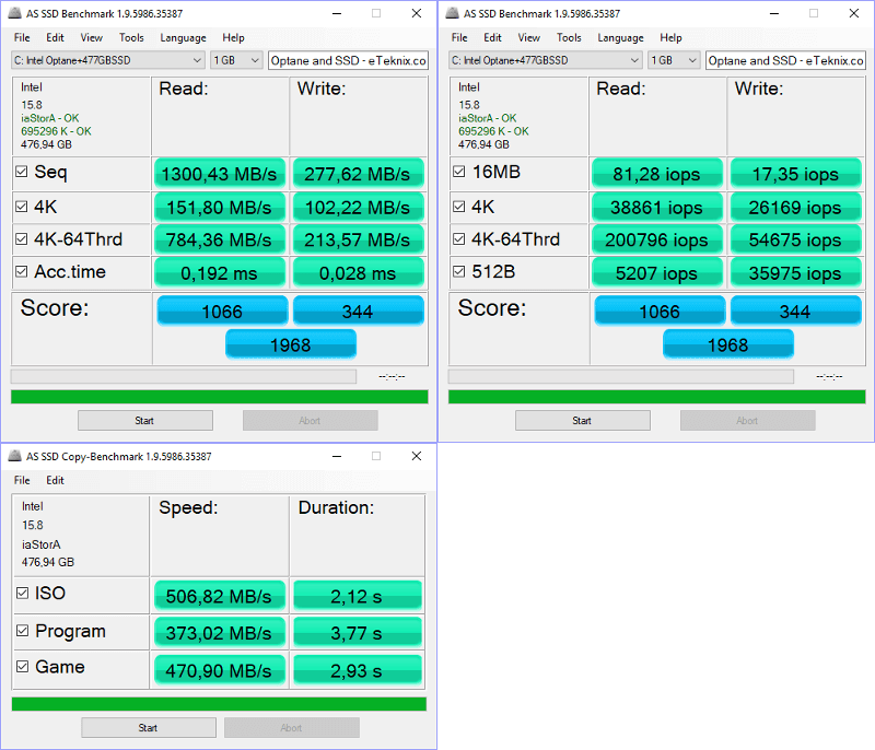 Intel Optane 32GB Bench Optane and SSD asssd combined