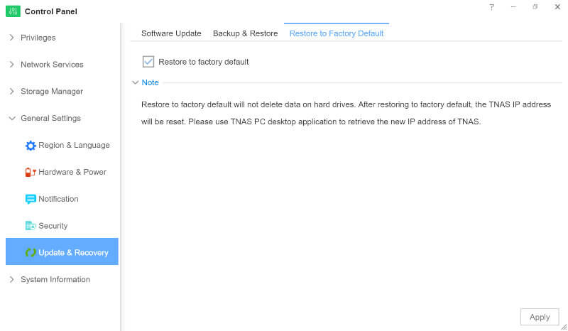 TerraMaster F4-420 SS04 Settings 9 restore to factory defaults