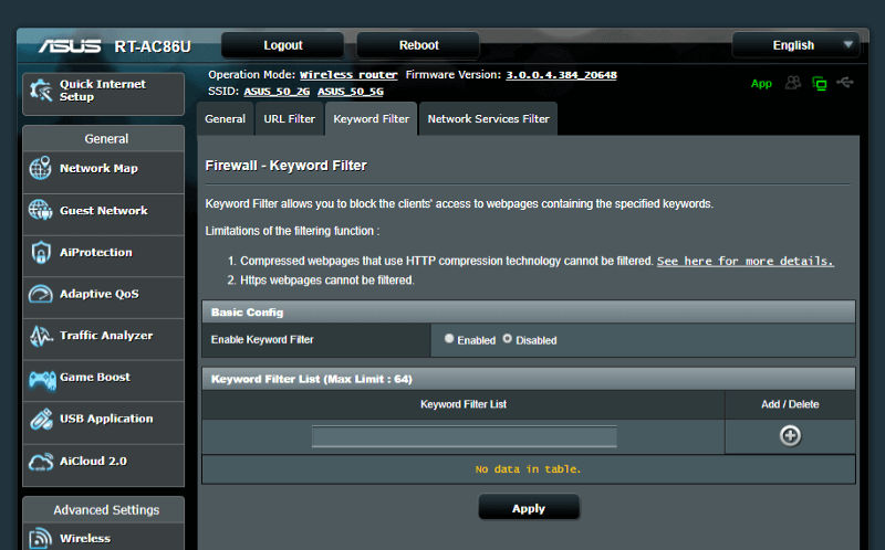 ASUS RT-AC86U AC2900 SS03 Settings 05 firewall keyword filter