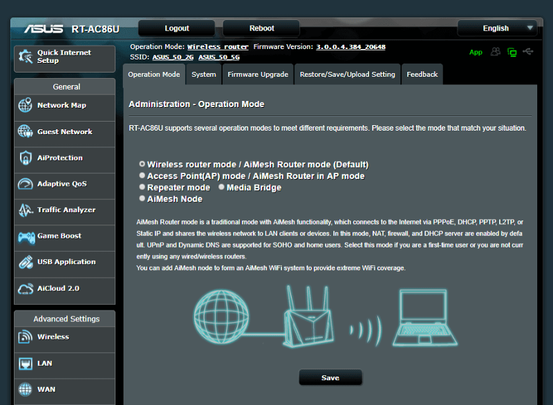 ASUS RT-AC86U AC2900 SS03 Settings 07 admin operation mode