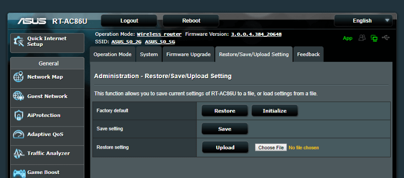 ASUS RT-AC86U AC2900 SS03 Settings 10 admin import and export settings