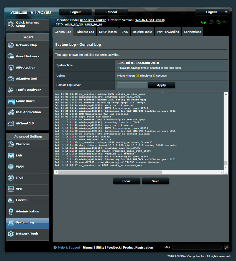 ASUS RT-AC86U AC2900 SS03 Settings 12 logs