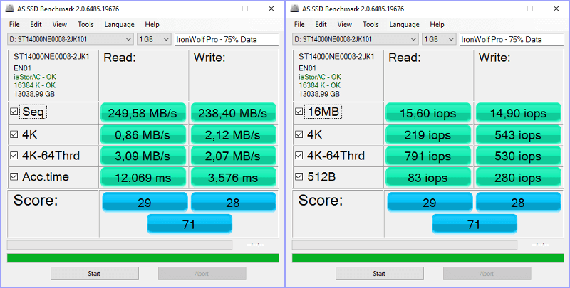 Seagate IronWolf Pro 14TB Bench ASSSD 0 Combined 75