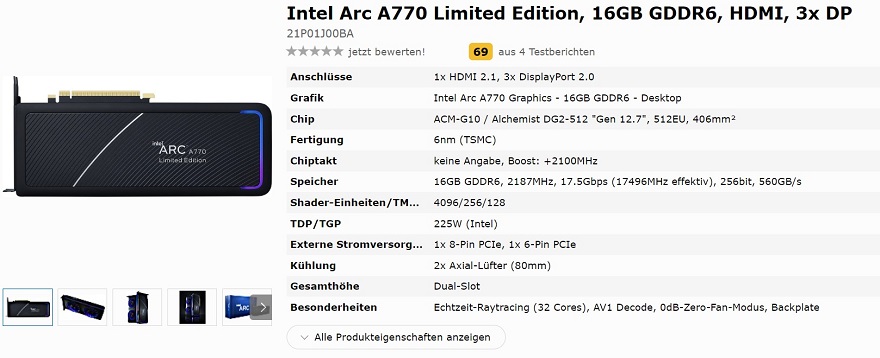 Intel Arc A770 Limited Edition Dual Fan 16GB GDDR6 PCIe 4.0